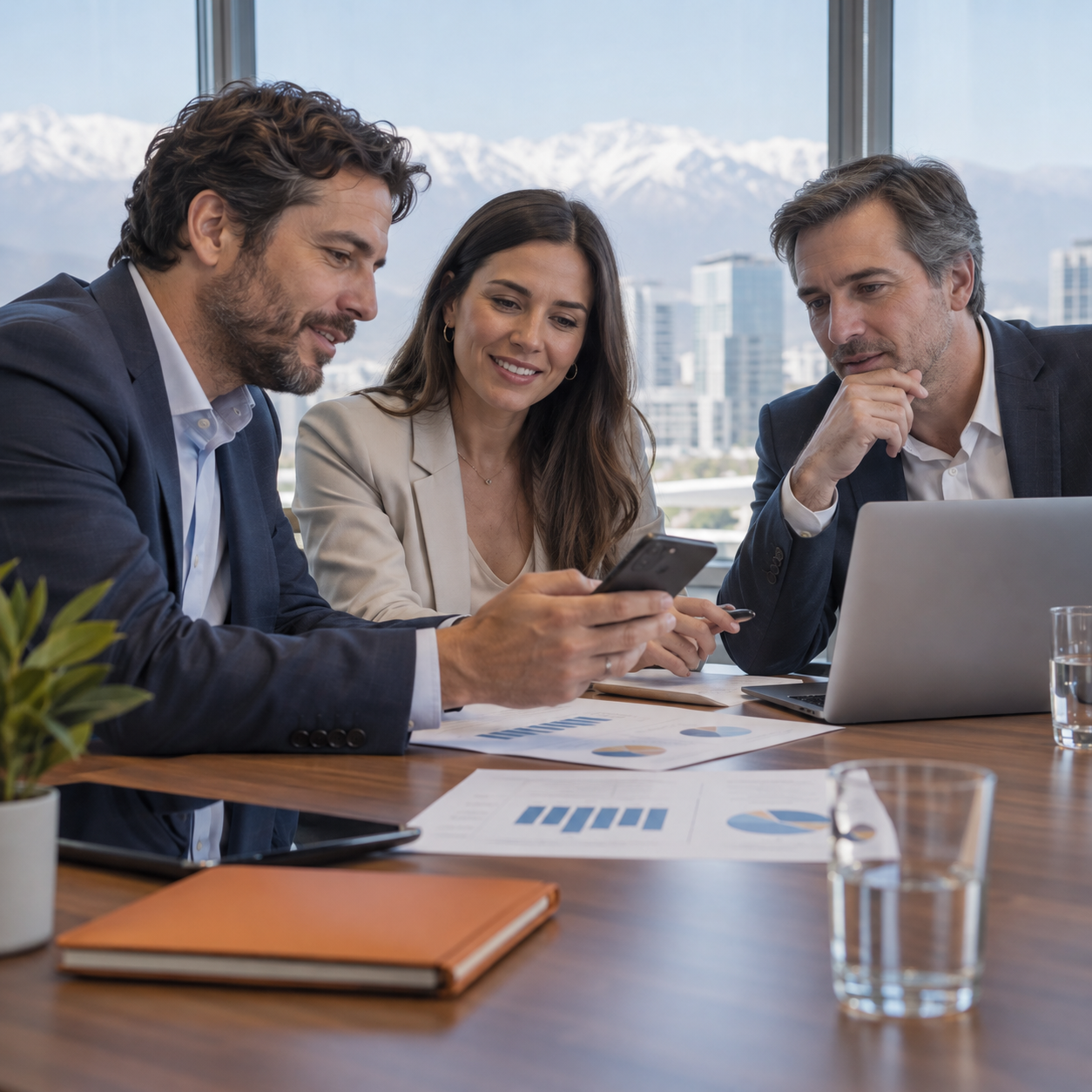 Equipo revisando indicadores de costos y telefonía móvil